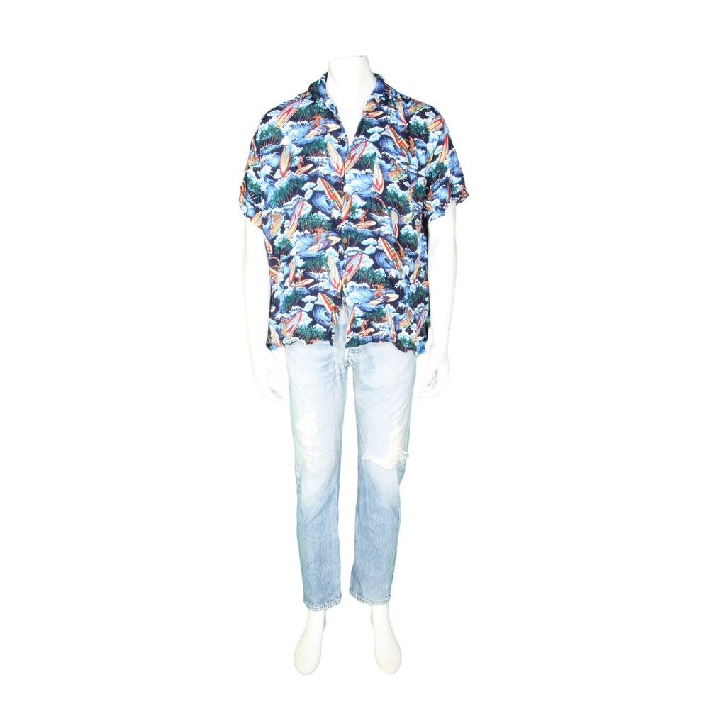 Blue Sky Surf Surfing Surfboard Palm Trees Clouds Island Hawaiian Aloha Shirt XL